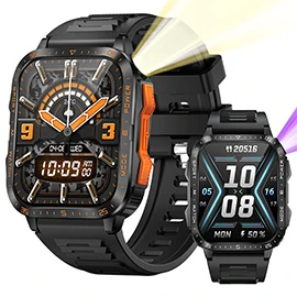 New KT79 Smartwatch: 3ATM Water Resistance, Heart Rate and Blood Pressure Monitoring, Outdoor Flashlight, Rugged Design, Sports Features, Bluetooth Calling