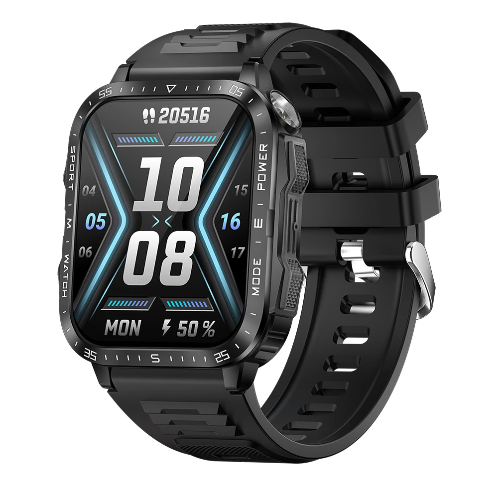 New KT79 Smartwatch: 3ATM Water Resistance, Heart Rate and Blood Pressure Monitoring, Outdoor Flashlight, Rugged Design, Sports Features, Bluetooth Calling