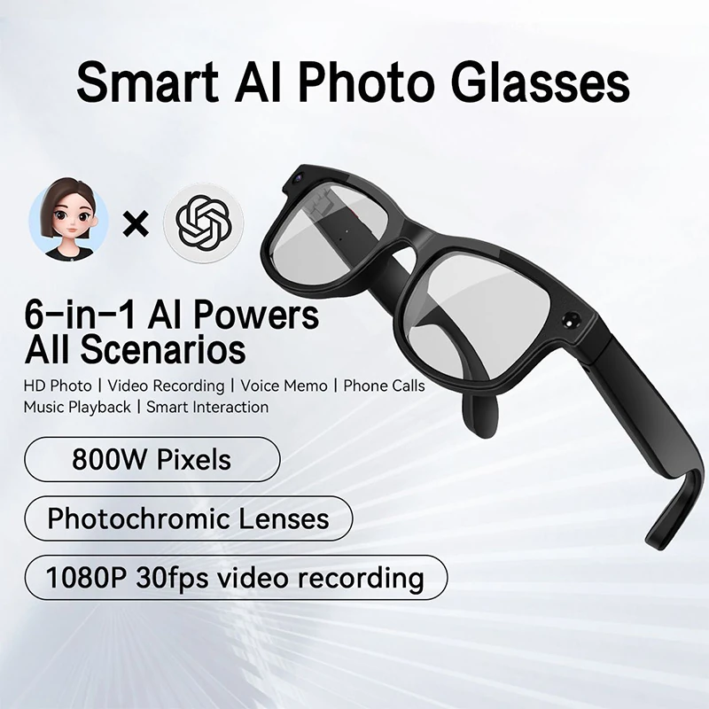 A08 Smart AI Glasses: 8-Megapixel Camera with Image Stabilization, AI Translation, Music Playback, and Bluetooth