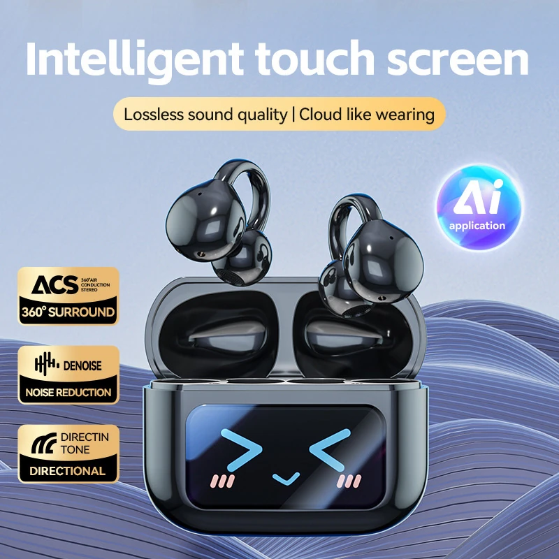 BS01 Digital Display Touchscreen Earhook Bluetooth Headphones with Bone Conduction and Extra-Long Battery Life for Sports