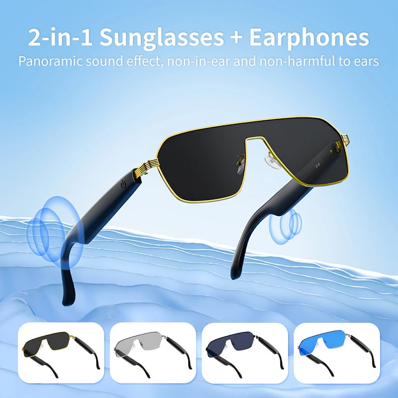 A18 Smart Sunglasses with Metal Square Lenses, Anti-Glare Driving Glasses, Bluetooth Sunglasses with Built-in Headphones