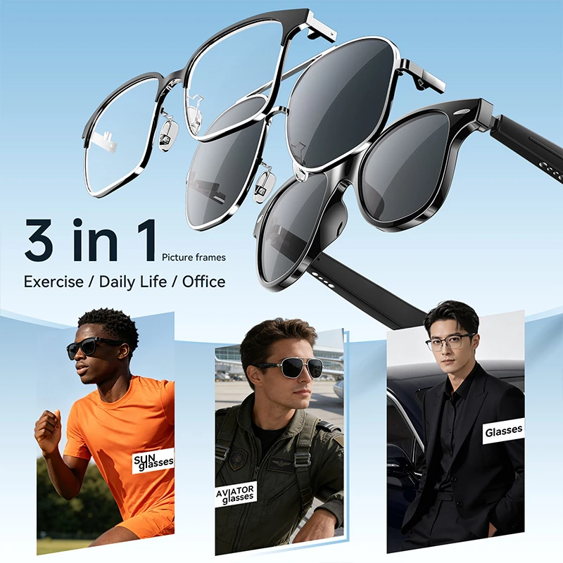 W2 AI Smart Glasses: Bluetooth Calls, Large Language Model Translation, and Recording 3 pairs of frames   magnetic charging   95% noise cancellation