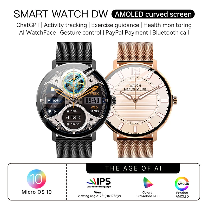 DW AMOLED Smartwatch: WhatsApp, Bluetooth Calling, Health Monitoring, NFC，Circular