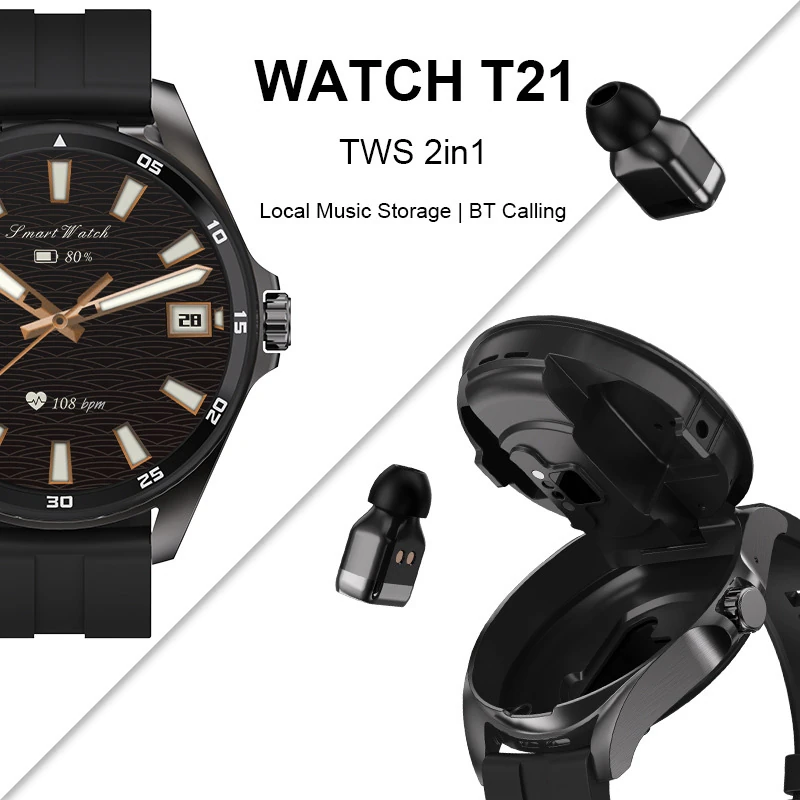 T21 Smartwatch TWS Juxin 3085: 2-in-1 Watch with Memory and Call Functionality Bluetooth Headphones 