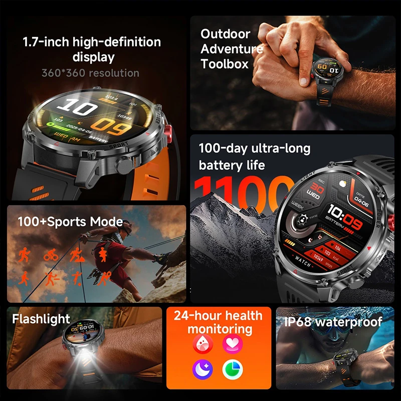HT45 Smartwatch for Hiking and Outdoor Activities: 1100mAh Large Battery, Compass, Flashlight, and Long Battery Life