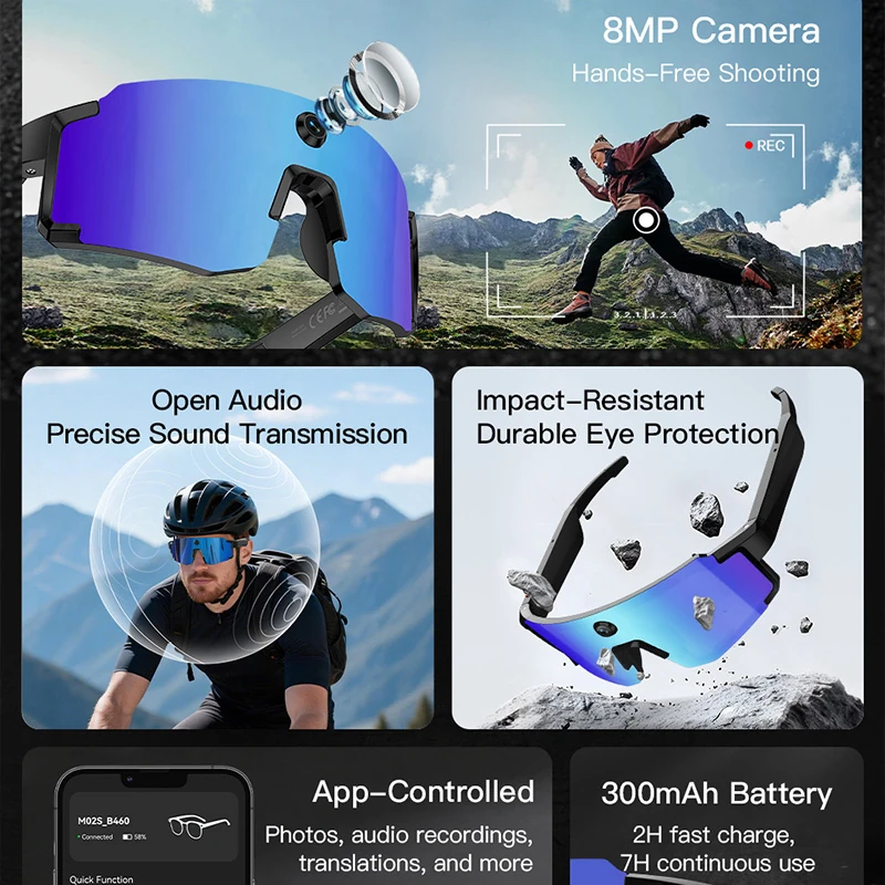 S08 Smart Sports glasses with a built-in camera for taking photos, featuring AI translation, object recognition, and a smart voice assistant