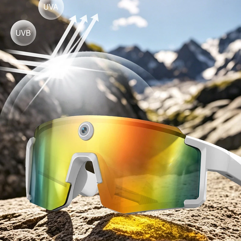 S08 Smart Sports glasses with a built-in camera for taking photos, featuring AI translation, object recognition, and a smart voice assistant