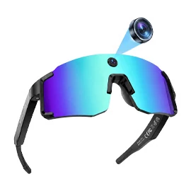 S08 Smart Sports glasses with a built-in camera for taking photos, featuring AI translation, object recognition, and a smart voice assistant