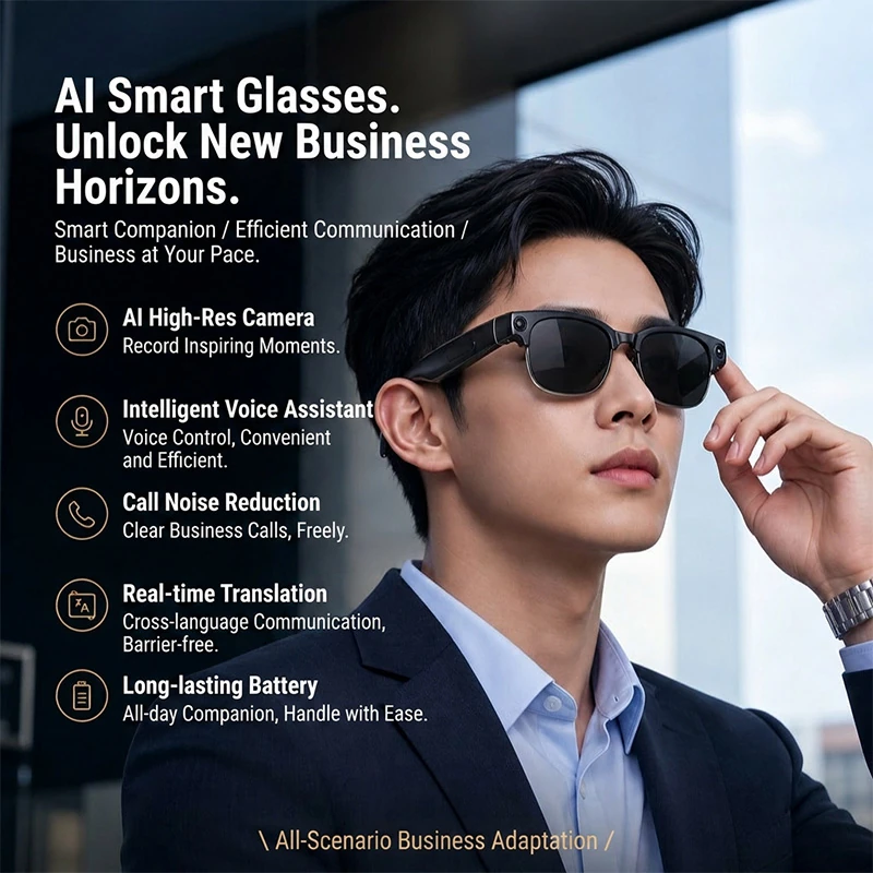G05 AI smart glasses with camera, Bluetooth, and translation capabilities.