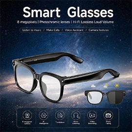 M02S AI Smart Glasses: High-definition 8MP photo and video capabilities, large-frame photochromic lenses, AI translation, and smart Q&A.