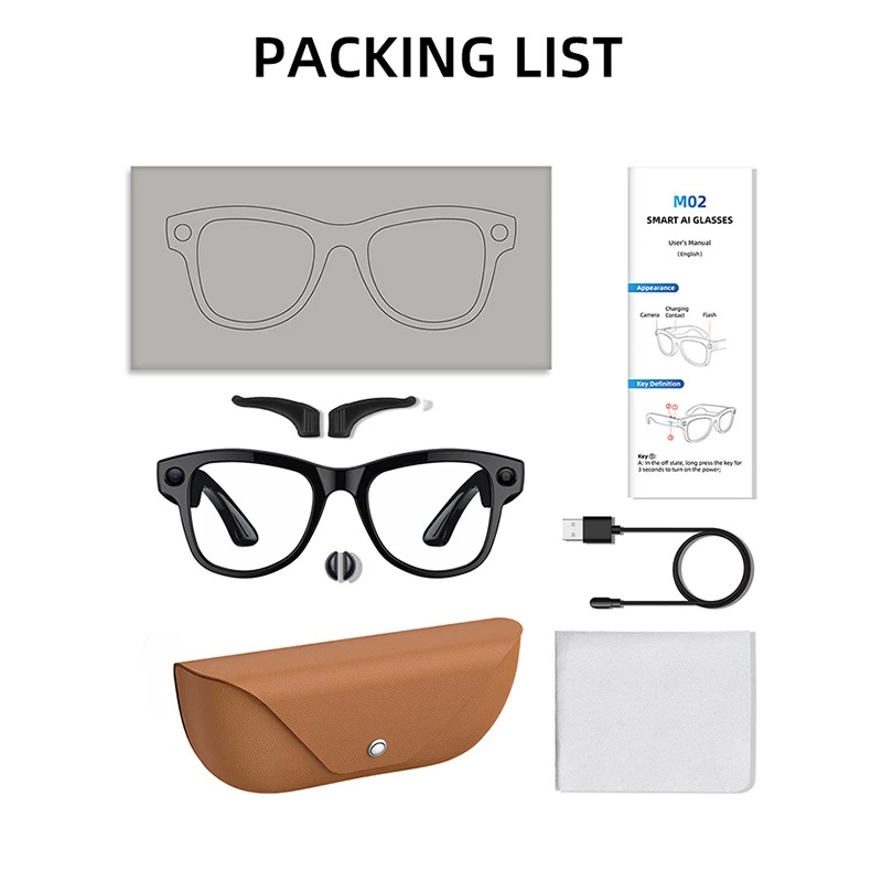 M02X Pro Max Smart Glasses: 8MP camera (photo/video/audio recording), AI assistant, translation function, and genuine leather charging case.