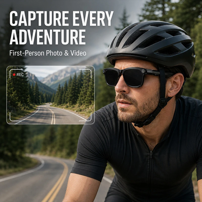 M08E AI Smart Glasses featuring a 13-megapixel HD camera for photo and video, AI translation, and object recognition.