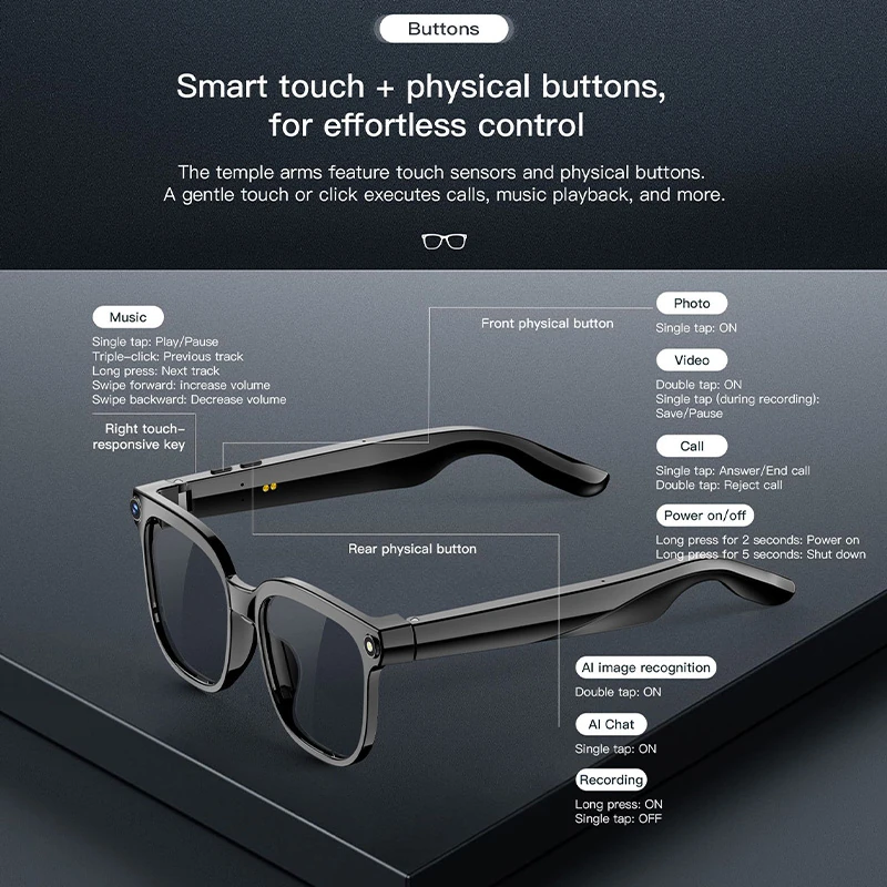 M02S AI Smart Glasses: High-definition 8MP photo and video capabilities, large-frame photochromic lenses, AI translation, and smart Q&A.