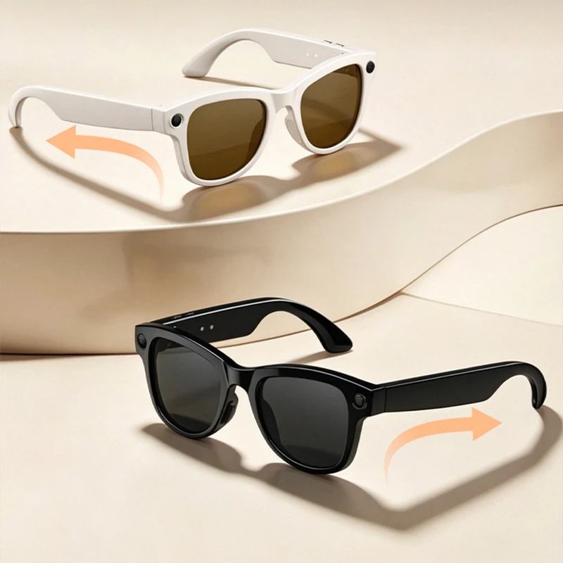 M02X Pro Max Smart Glasses: 8MP camera (photo/video/audio recording), AI assistant, translation function, and genuine leather charging case.