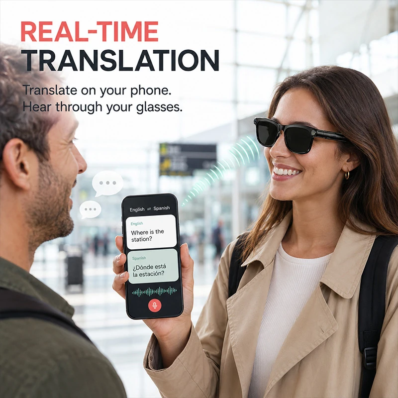 M08E AI Smart Glasses featuring a 13-megapixel HD camera for photo and video, AI translation, and object recognition.