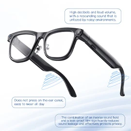 M08E AI Smart Glasses featuring a 13-megapixel HD camera for photo and video, AI translation, and object recognition.