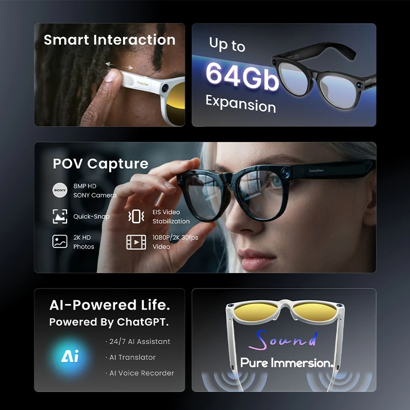 Y4 AI Smart Glasses with Camera: Stylish Bluetooth sunglasses featuring photo capture, translation, music playback, and call functions.