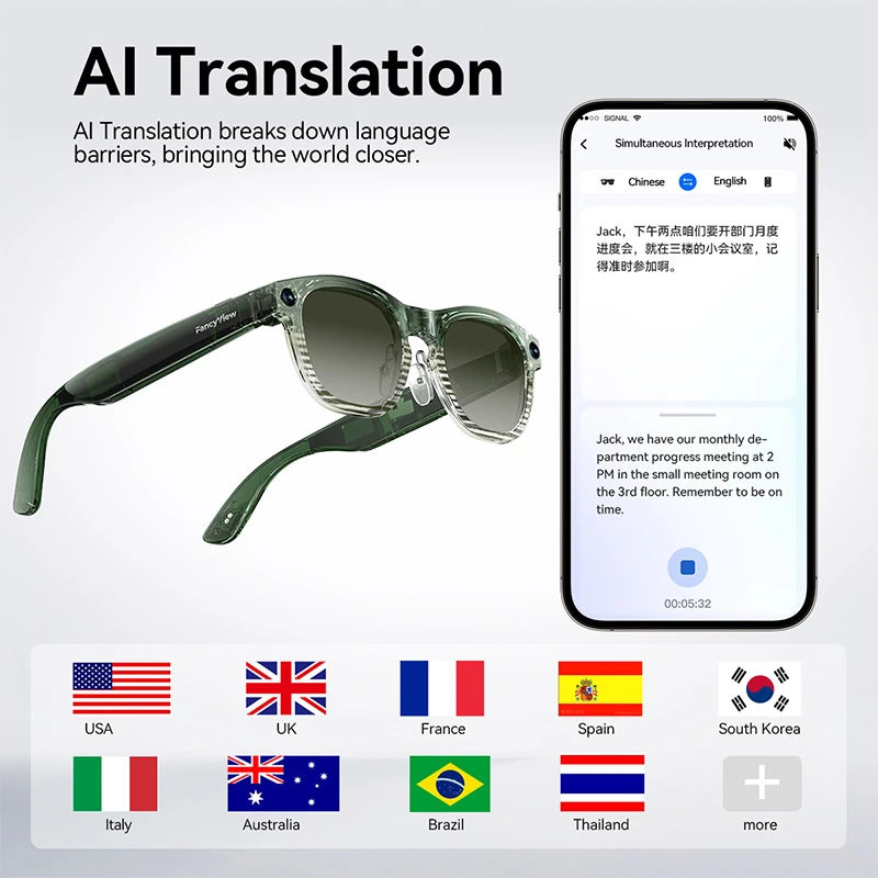 Y1 AI Smart Glasses with Camera: Features include photo/video capture, audio recording, calls, music playback, Bluetooth/Wi-Fi transfer, and translation.