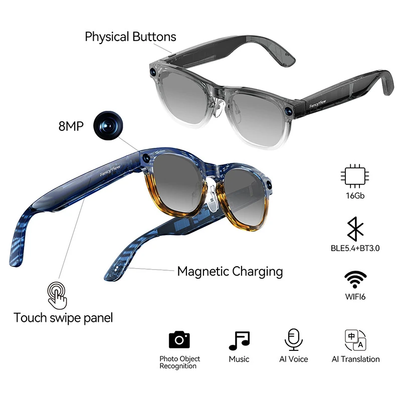 Y1 AI Smart Glasses with Camera: Features include photo/video capture, audio recording, calls, music playback, Bluetooth/Wi-Fi transfer, and translation.