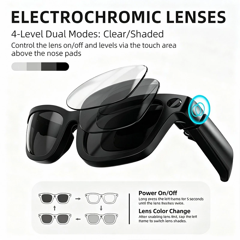 Q03 AI Smart Glasses with Electrochromic Lenses: 8MP HD Photo & Video, Multilingual Translation, and Bluetooth Calling