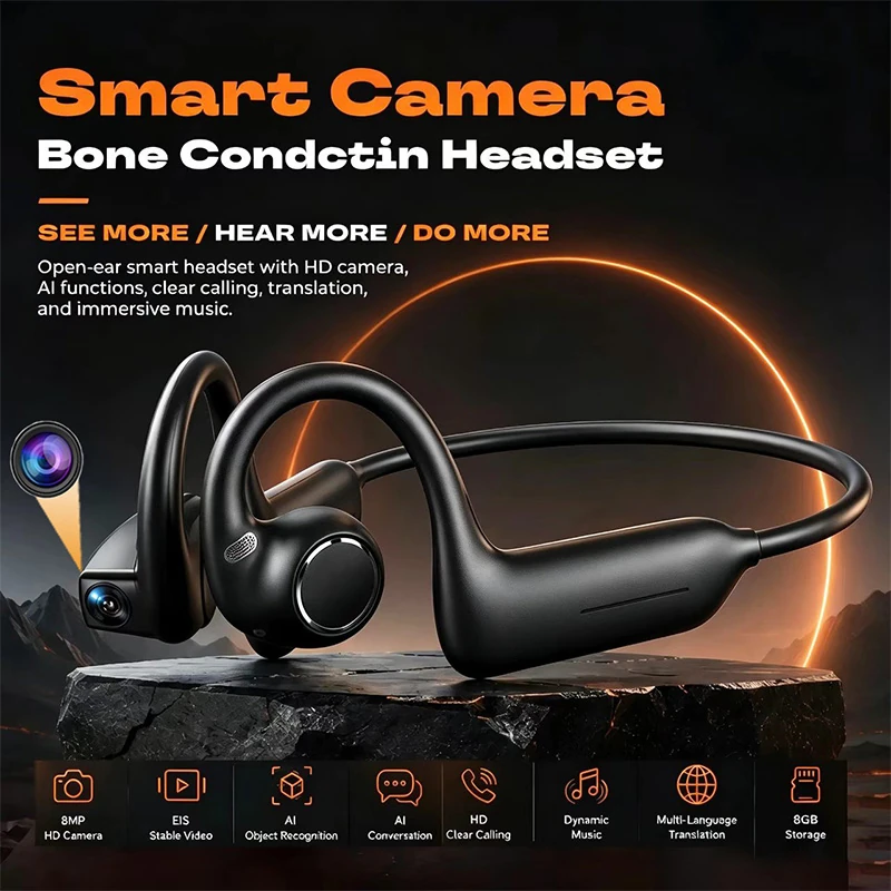 E12 Smart Bluetooth Headset with Camera &ndash; Features Translation, Photo/Video Capture, Audio Recording, and Air Conduction Technology