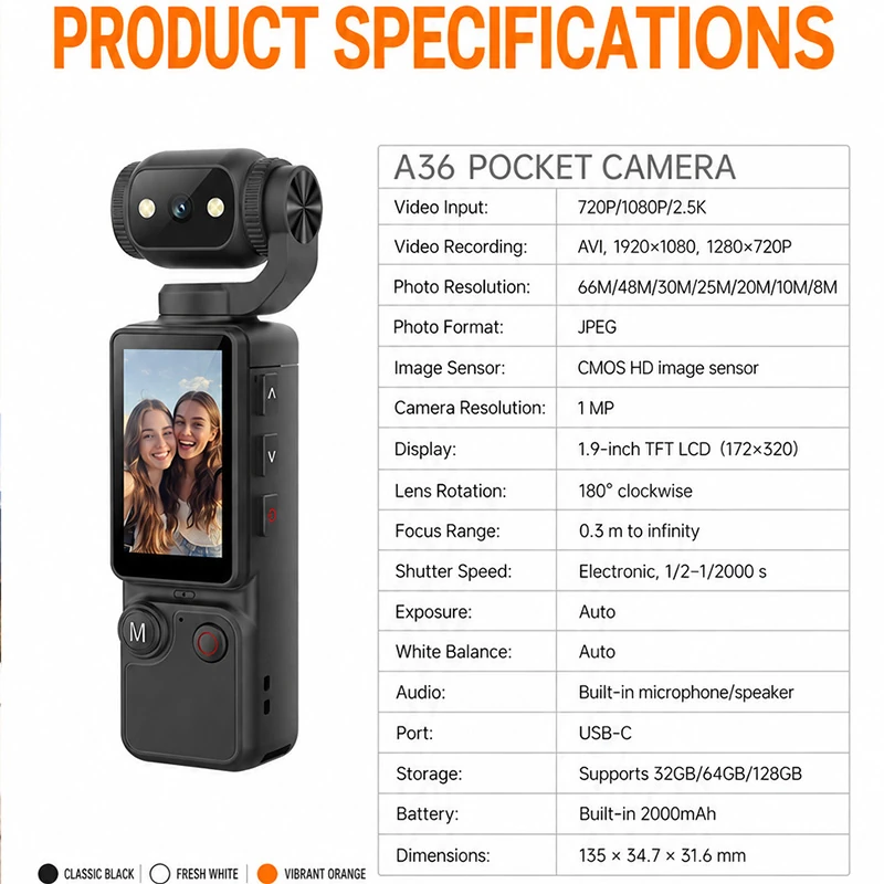 A36 Rotating Pocket Camera: Lightweight and compact design, fits easily in your pocket; features a 1.9-inch color screen and a 2000mAh battery&mdash;perfect for documenting travels and capturing short videos to share