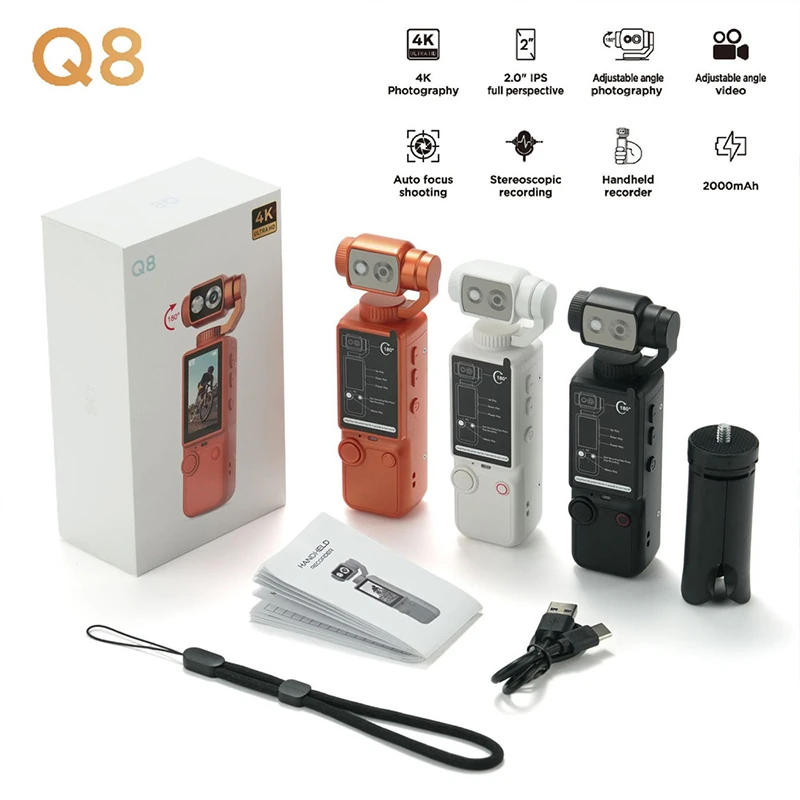 Q8 Rotating Handheld Camera &ndash; 4K Ultra-HD, Auto-Focus, Portable Pocket Video Camera for Meetings and Recording