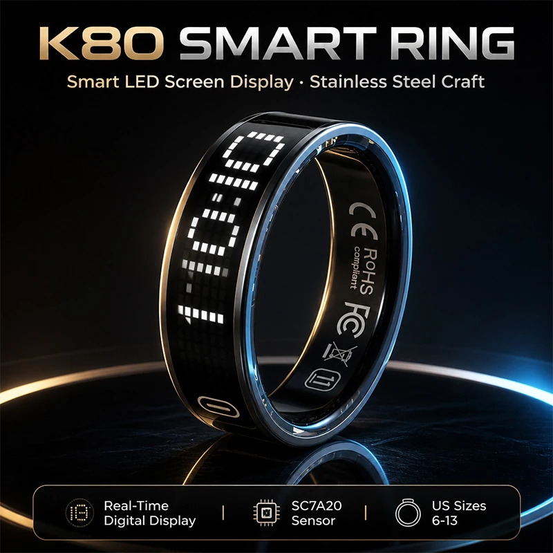 K80 Smart Ring: Real-time step counting, heart rate, blood pressure, and sleep monitoring; features a touch-enabled digital display; rugged, outdoor-ready design; 5ATM water resistance