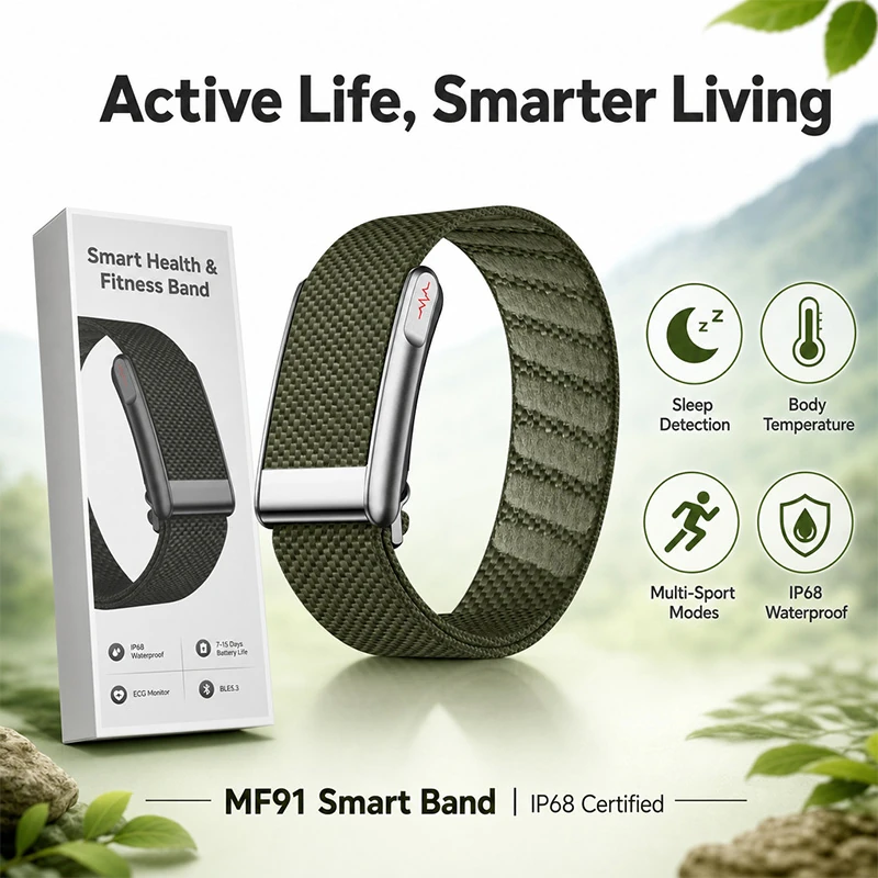 MF91 Smart Bracelet: Real-time Heart Rate, ECG, Body Temperature, Blood Pressure, Sleep, and HRV Monitoring; Deeply Waterproof, Rugged, and Sports-Ready