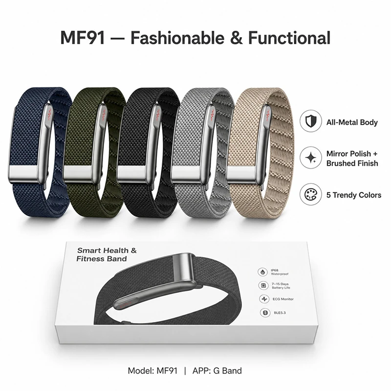 MF91 Smart Bracelet: Real-time Heart Rate, ECG, Body Temperature, Blood Pressure, Sleep, and HRV Monitoring; Deeply Waterproof, Rugged, and Sports-Ready